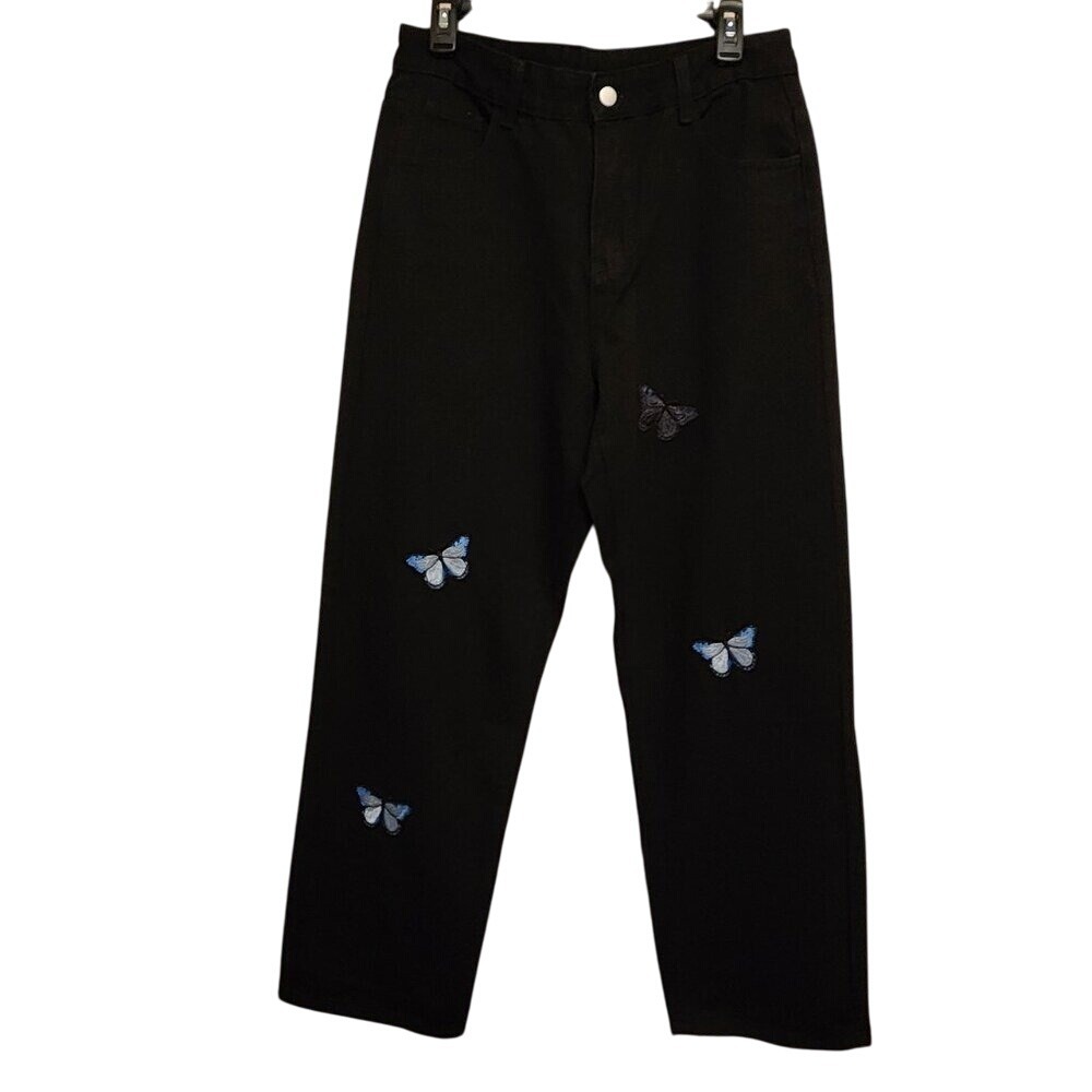 Manfinity Butterfly Patch‎ Jeans 30 Black Straight Leg Y2K Fairycore